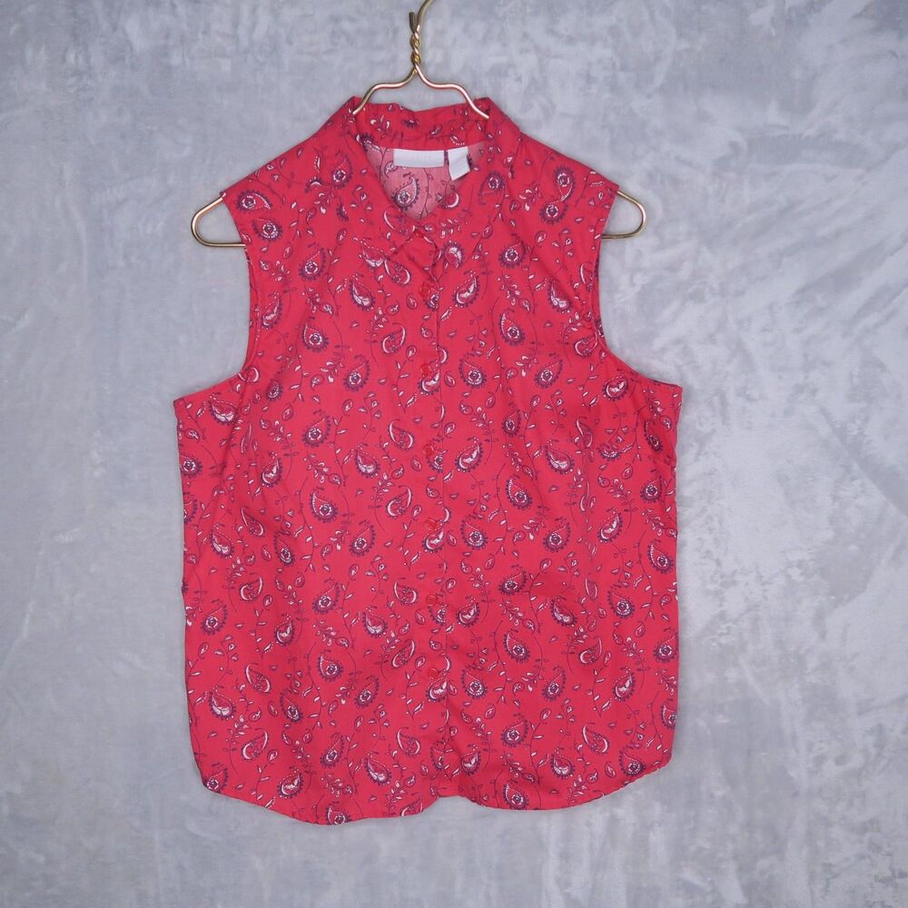CASCADE BLUE Red Paisley Print Sleeveless Shirt Size L Collared Bandana Country - Picture 3 of 8